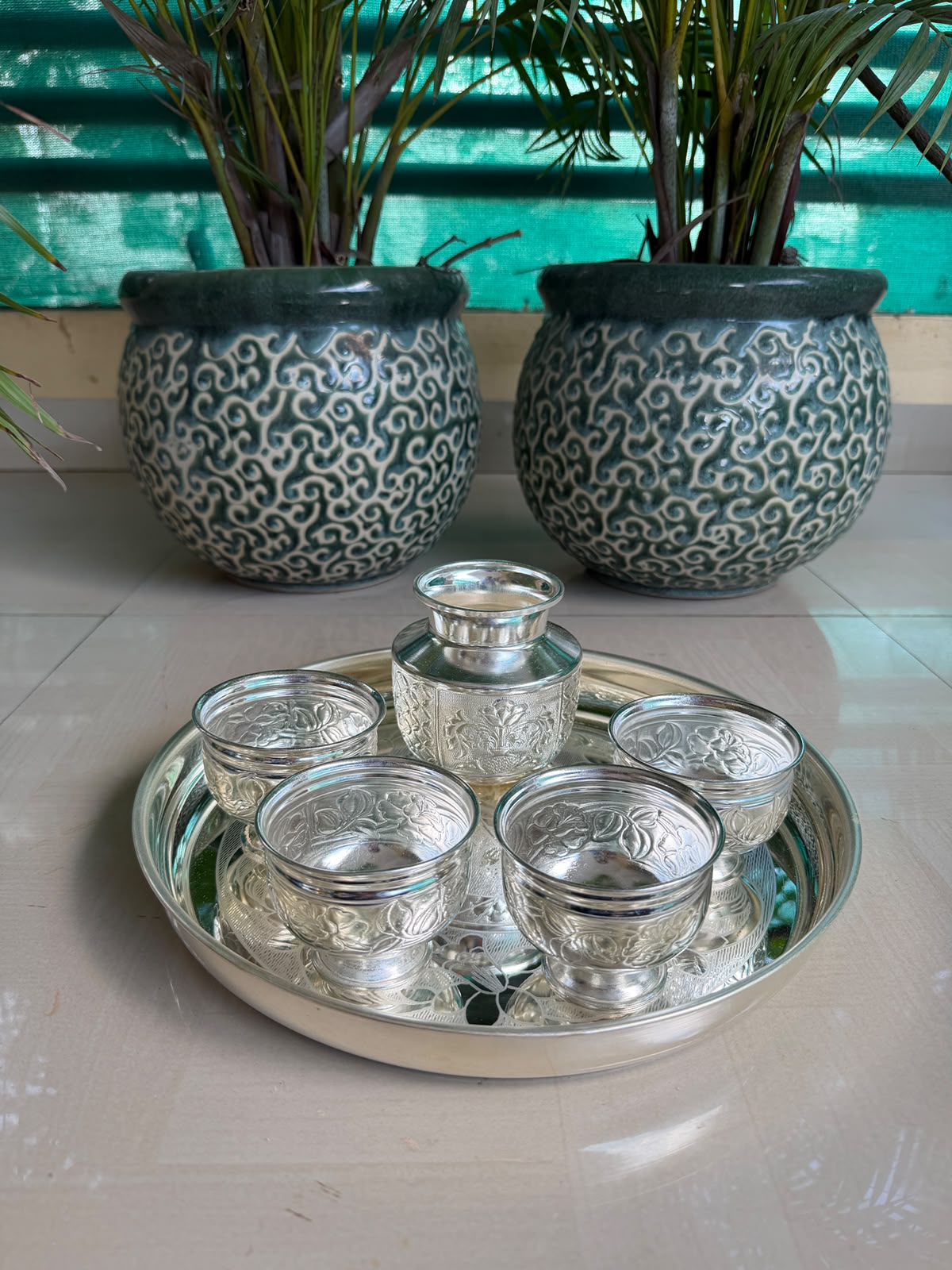 German Silver Pooja Thali Set – 8 Item Diwali & Housewarming Accessory