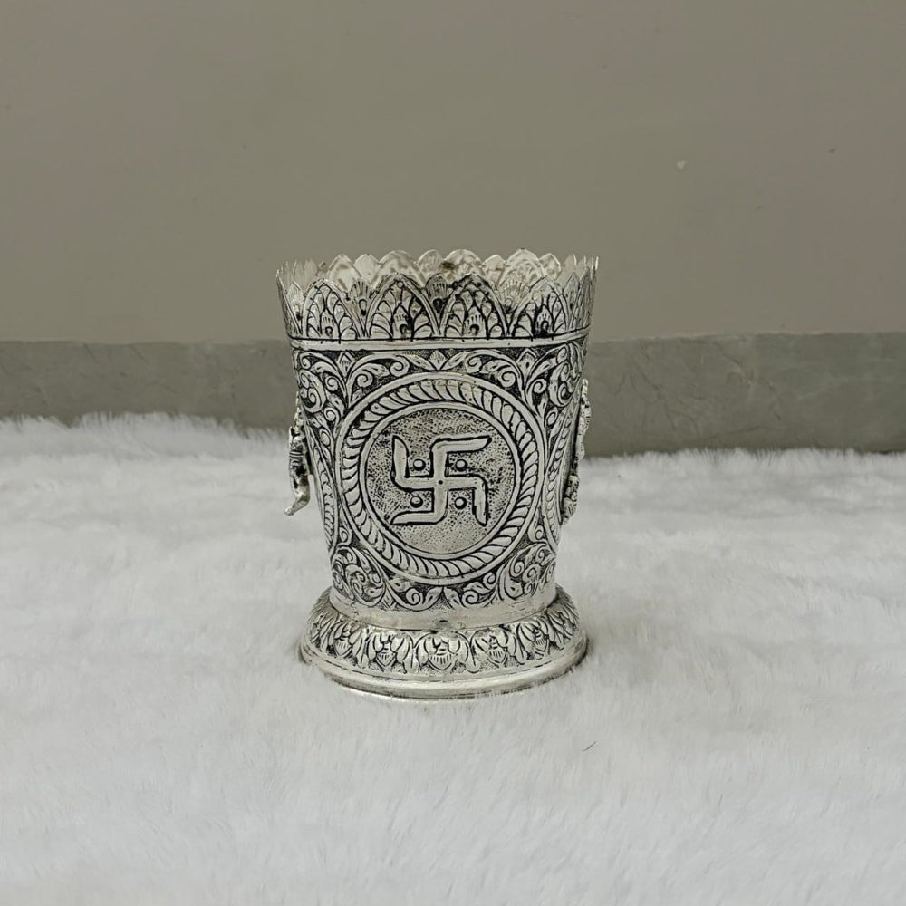 German Silver Antique Finish Tulsi Pot with Ganesh & Lakshmi Motif