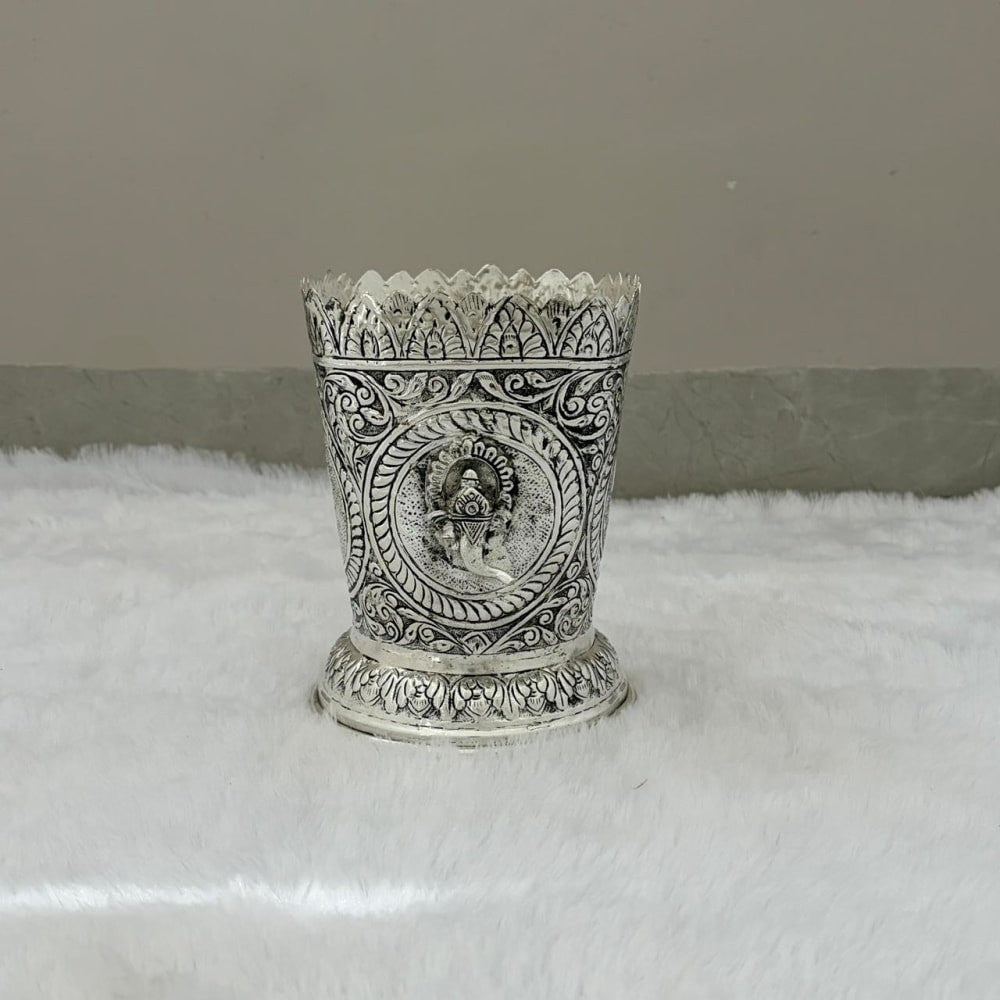 German Silver Antique Finish Tulsi Pot with Ganesh & Lakshmi Motif