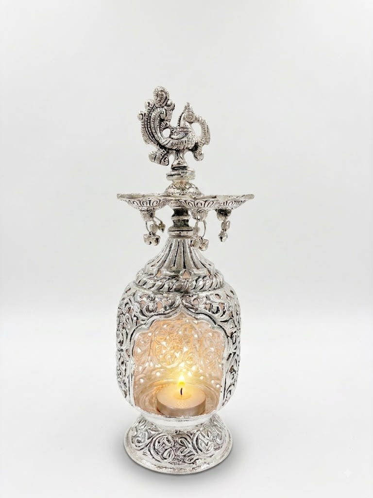 German Silver Peacock Tea Light Lamp for Diwali & Home Décor