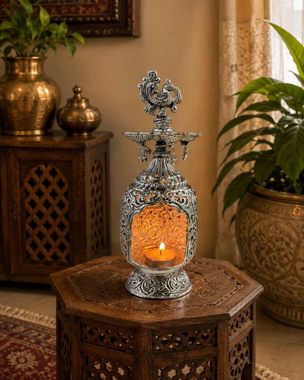 German Silver Peacock Tea Light Lamp for Diwali & Home Décor