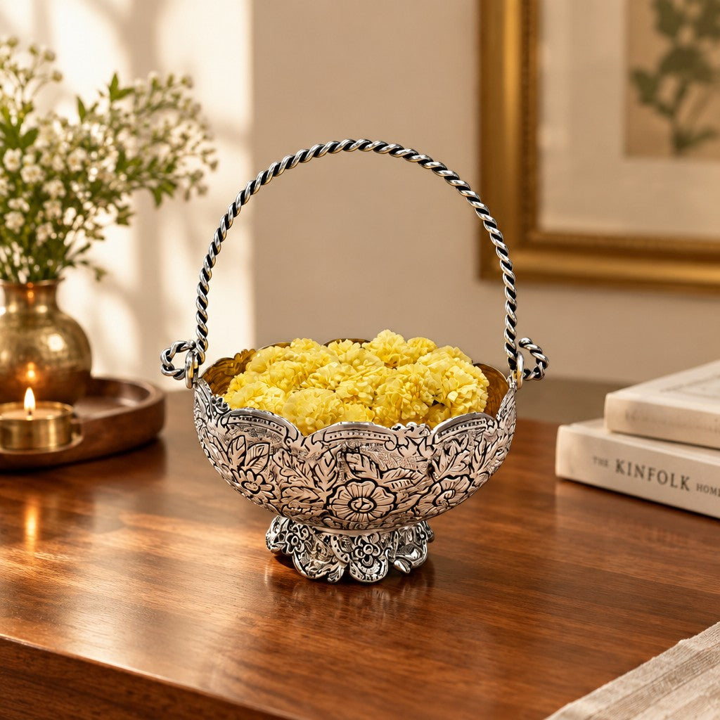 German Silver Fully Carved Fruit/flower Basket with Handle – Elegant Diwali Décor & Gifting
