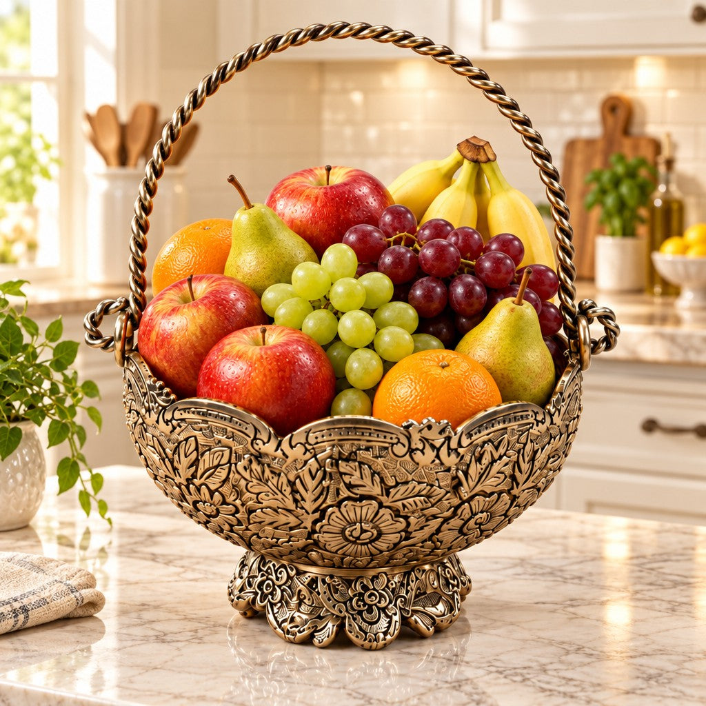 German Silver Fully Carved Fruit/flower Basket with Handle – Elegant Diwali Décor & Gifting