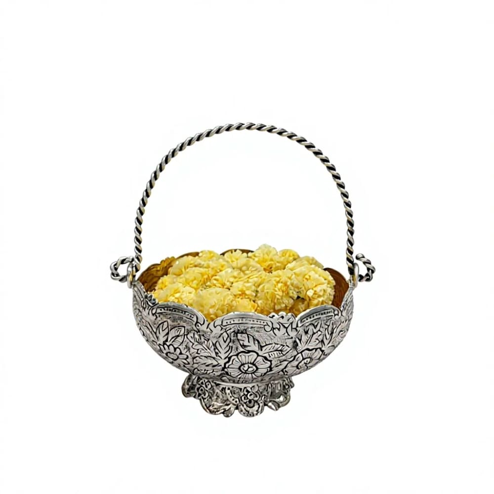 German Silver Fully Carved Fruit/flower Basket with Handle – Elegant Diwali Décor & Gifting