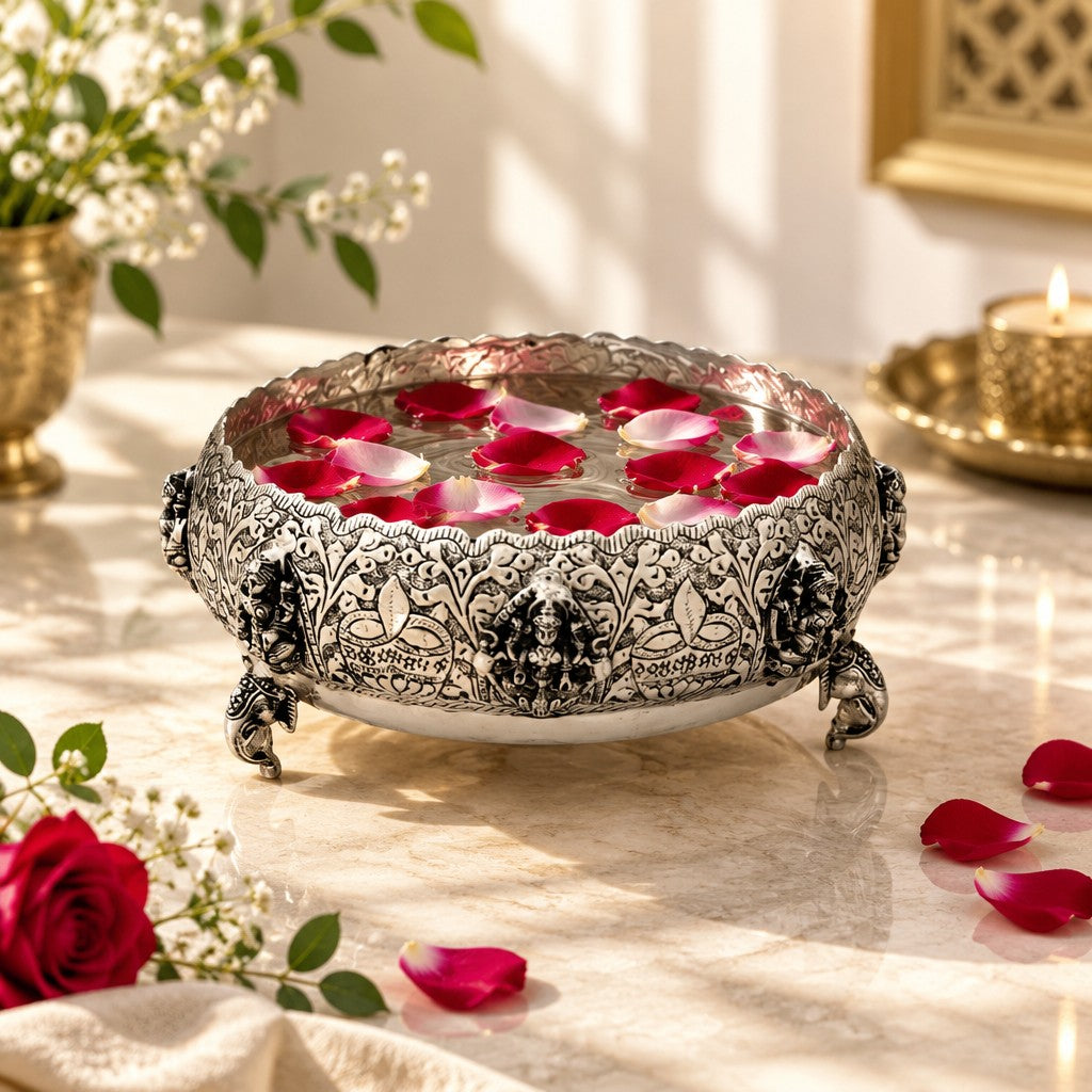 German Silver Antique Finish Lakshmi Urli Bowl with Elephant Legs – Diwali Gift & Décor