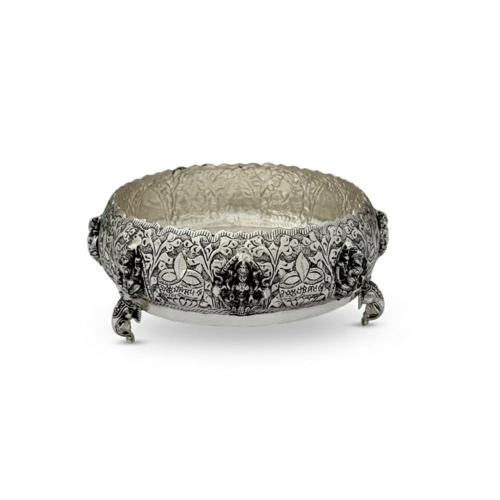 German Silver Antique Finish Lakshmi Urli Bowl with Elephant Legs – Diwali Gift & Décor