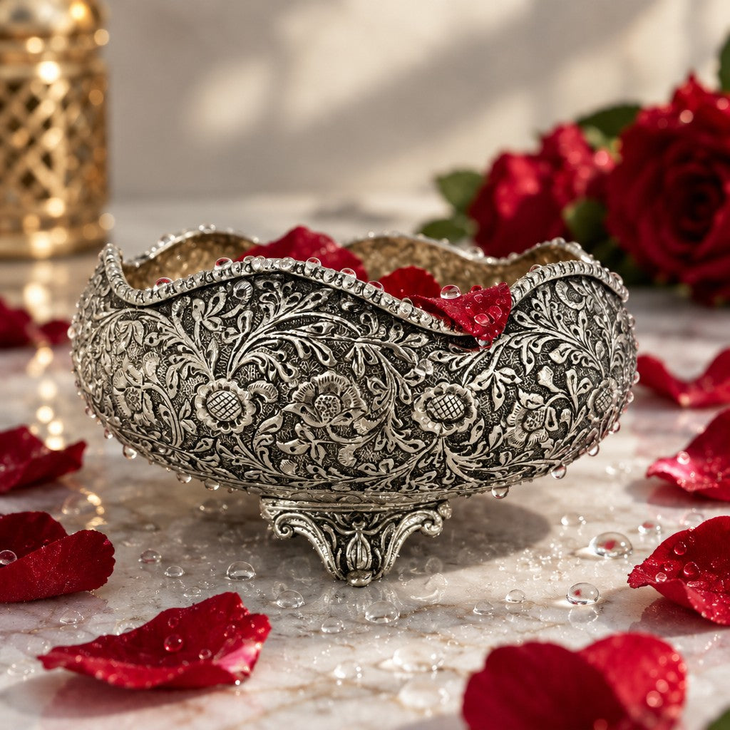 German Silver Fully Carved Urli Bowl – Antique Finish Festive Décor & Gifting