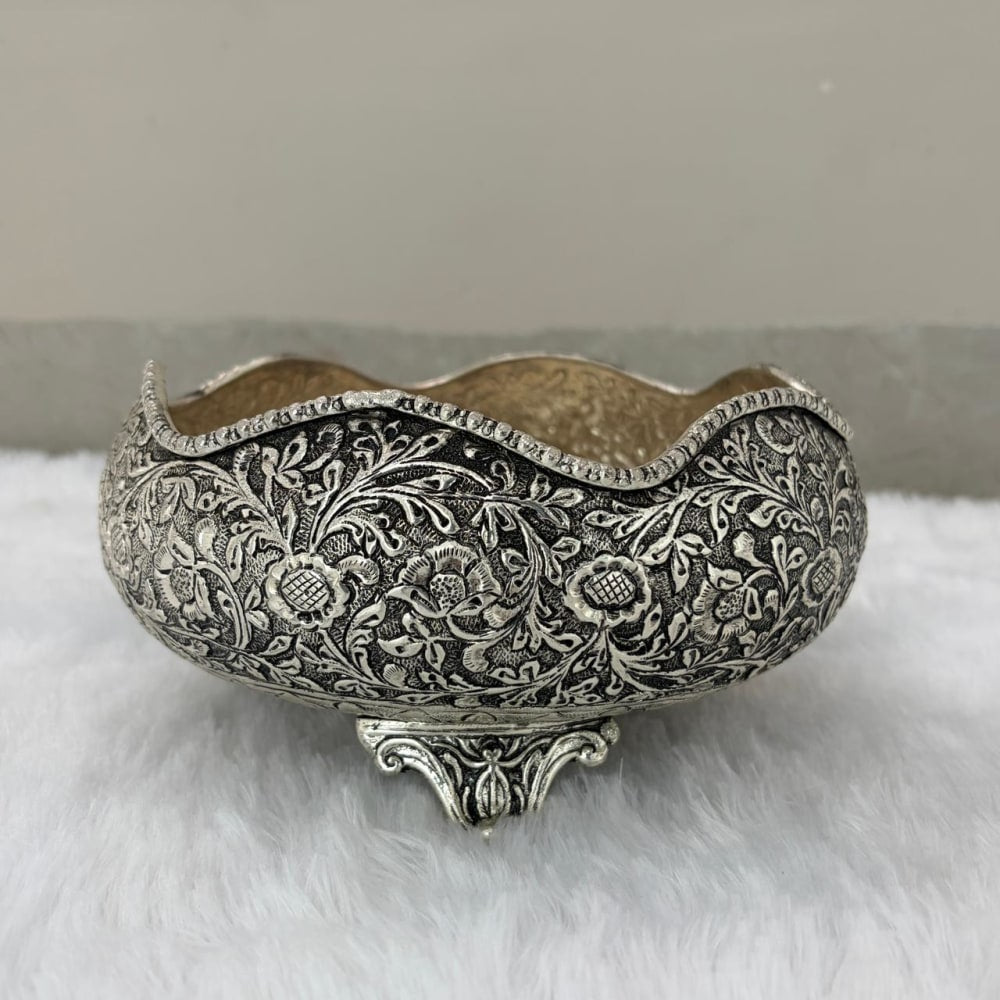 German Silver Fully Carved Urli Bowl – Antique Finish Festive Décor & Gifting