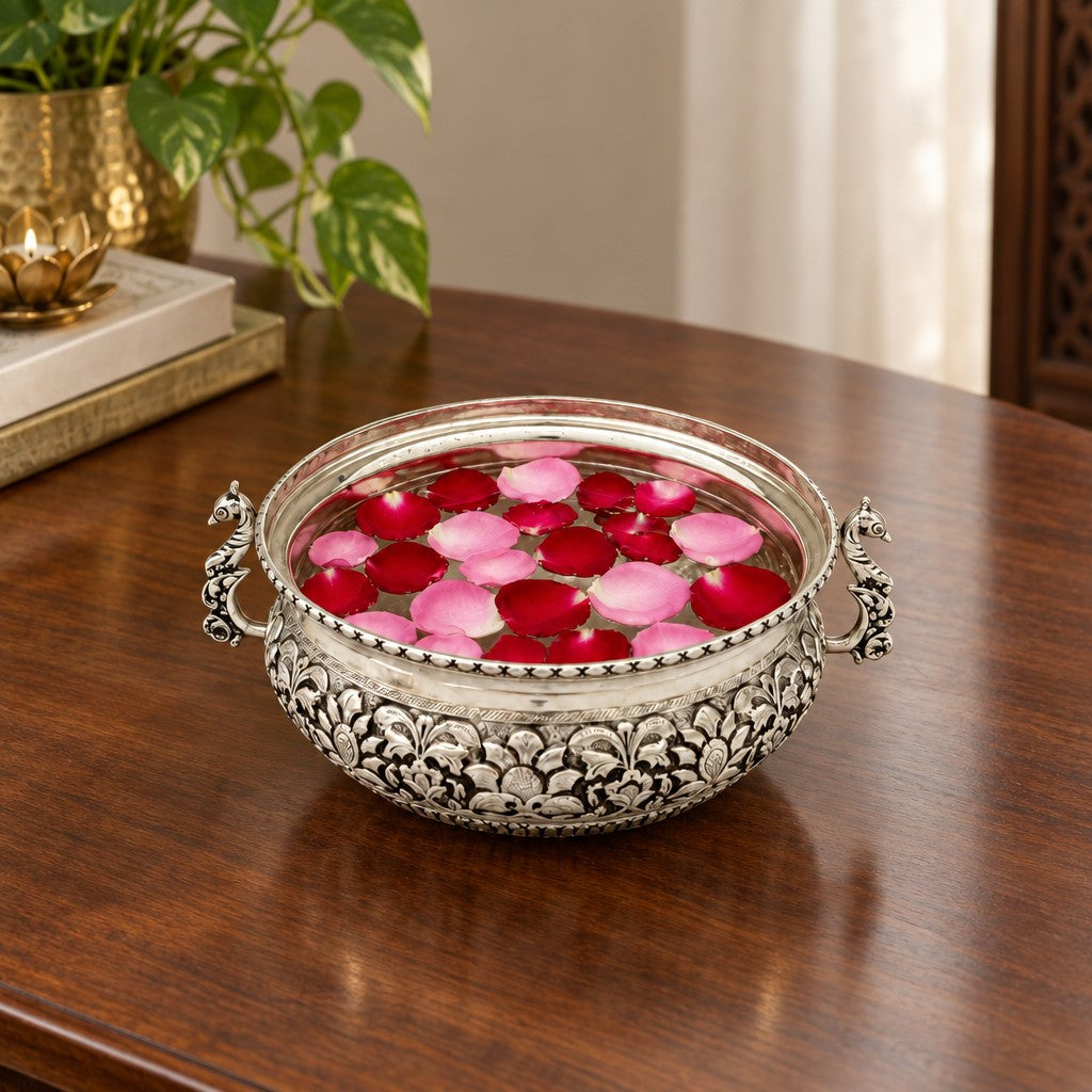 German Silver Small Urli Bowl with Peacock Handle – Antique Finish Fully Carved