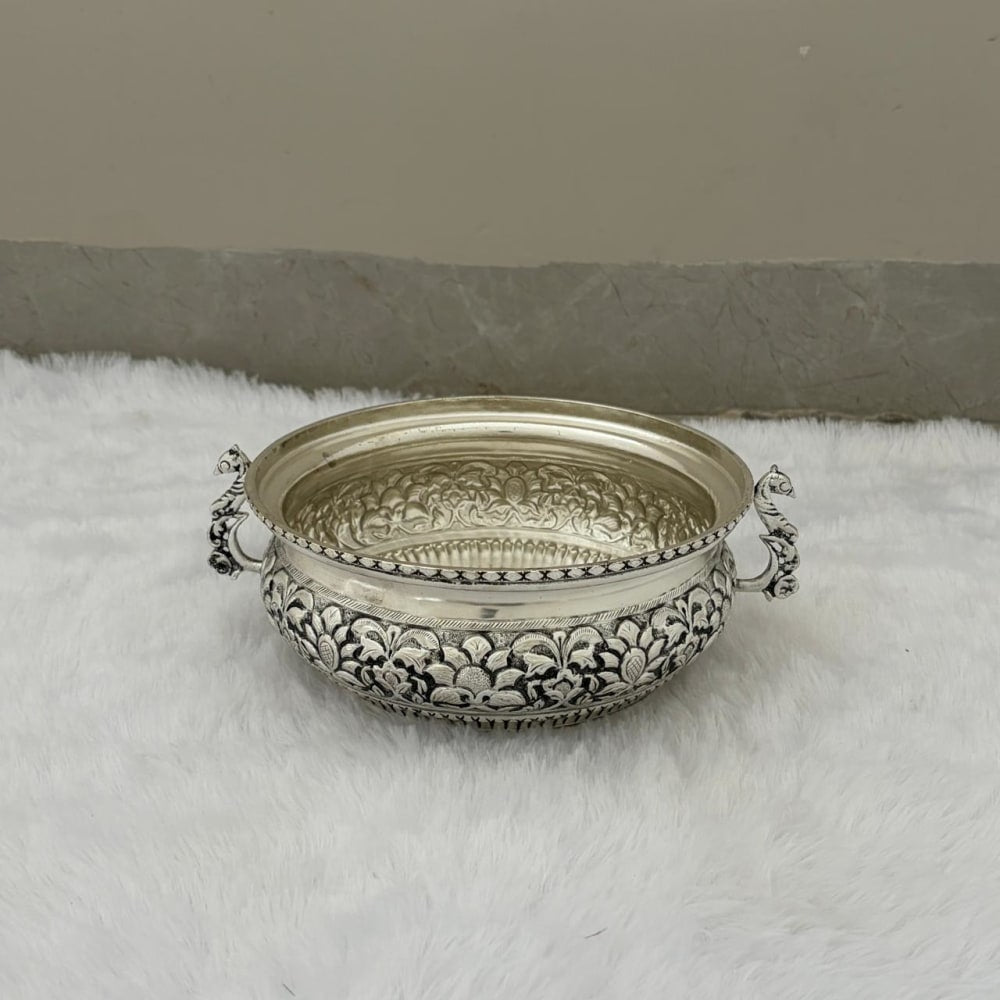 German Silver Small Urli Bowl with Peacock Handle – Antique Finish Fully Carved