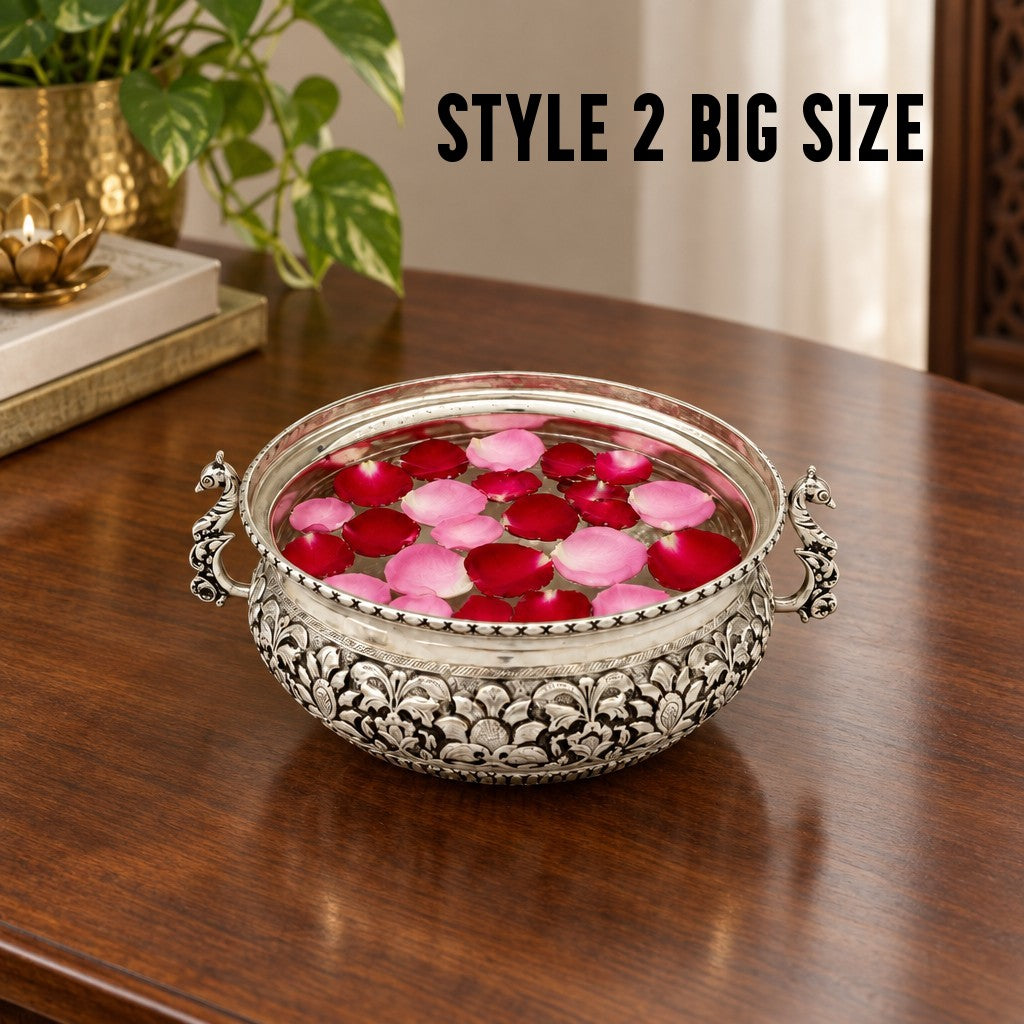 German Silver Big Urli Bowl with Peacock Handle – Antique Finish Fully Carved