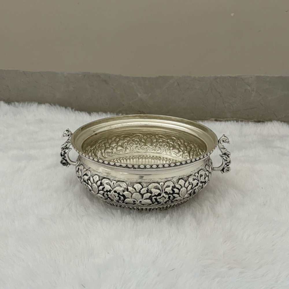 German Silver Big Urli Bowl with Peacock Handle – Antique Finish Fully Carved