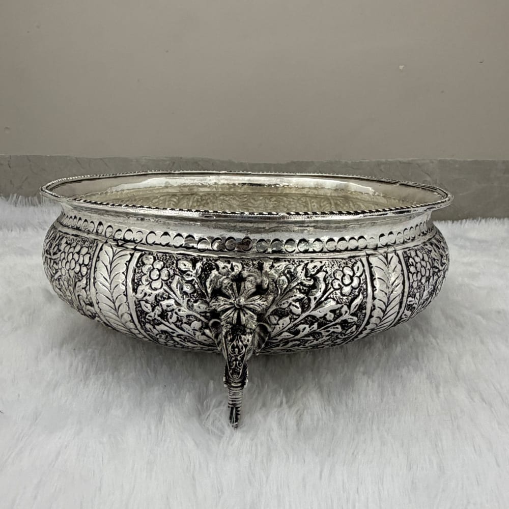 German Silver Fully Carved Urli Bowl with Elephant Legs – Antique Finish
