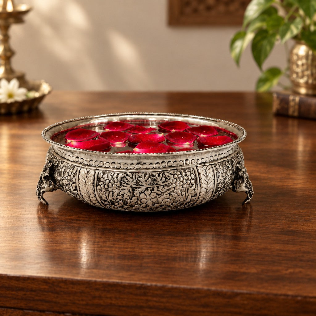 German Silver Fully Carved Urli Bowl with Elephant Legs – Antique Finish