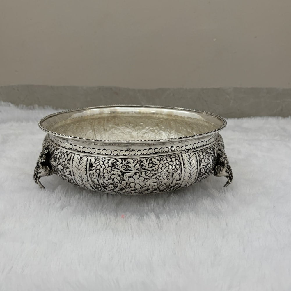 German Silver Fully Carved Urli Bowl with Elephant Legs – Antique Finish