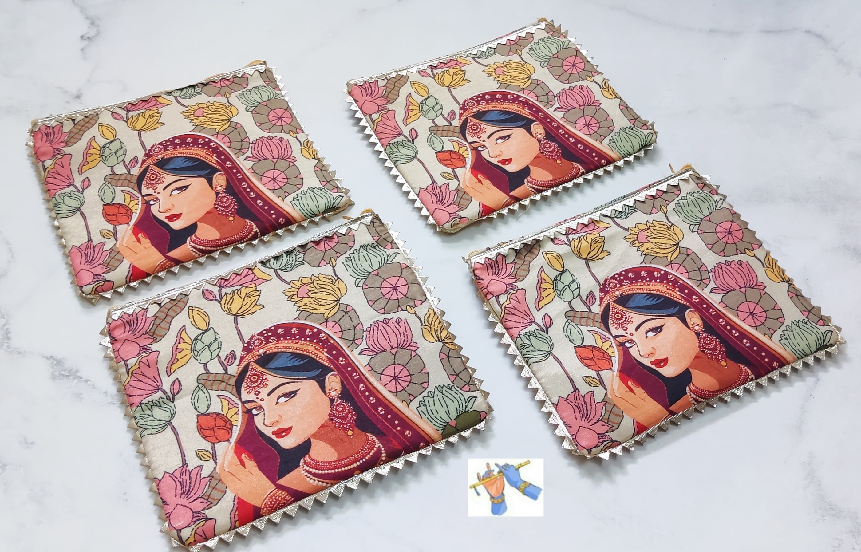 Handmade printed give away pouches, set of 10 pieces with zipper