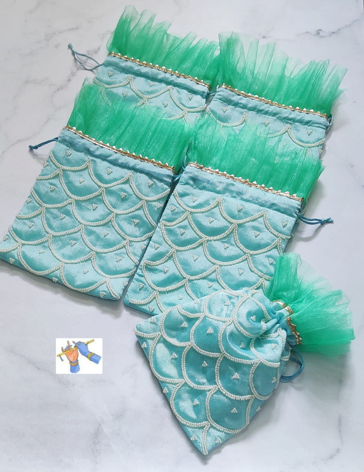 Handmade pearl give away potli with pearl design set of 10 pieces for diwali/return gifts/housewarming, color : green