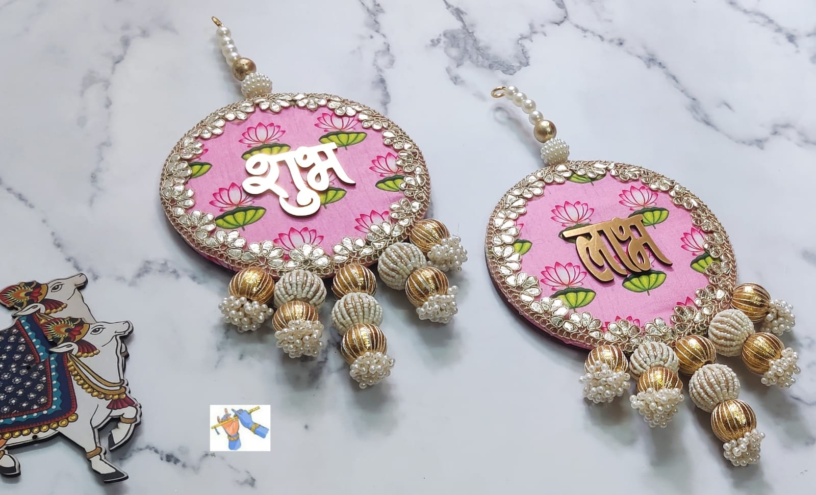 Handmade Light Pink Set of 2 Pairs with Lotus Print Wooden for Diwali décor Wall