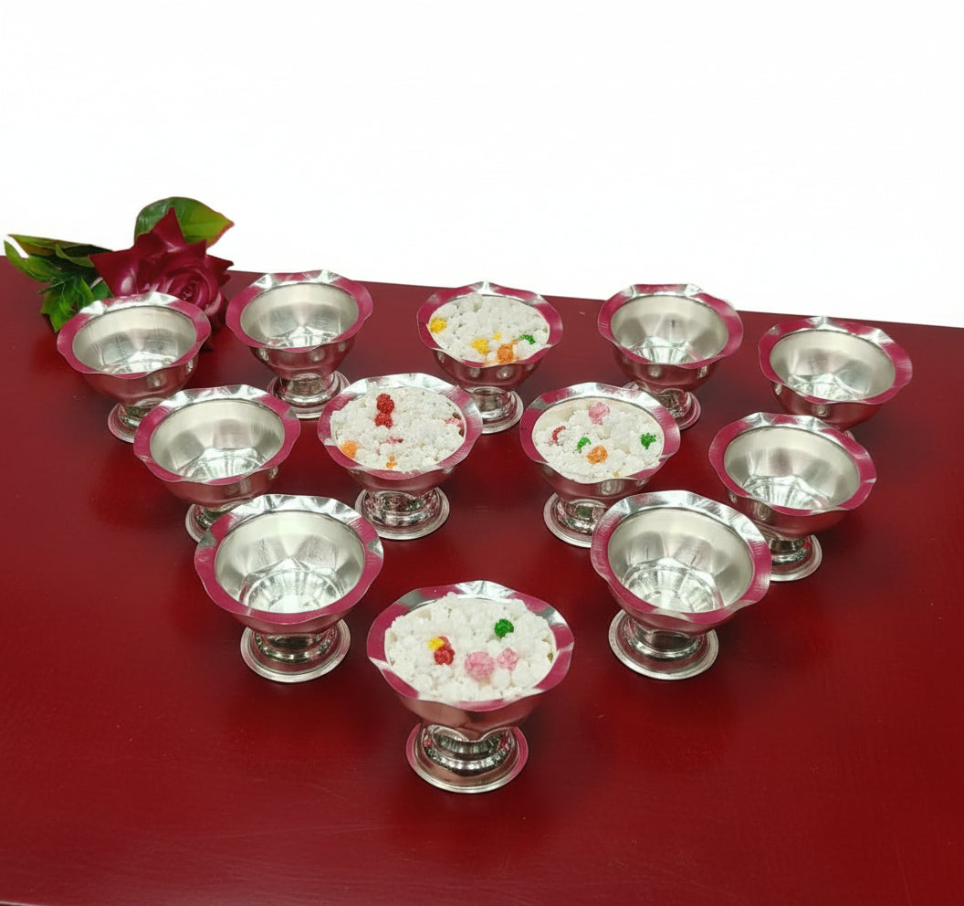 Silver-Plated Set of 12 Bowls with Stand – Elegant Serving for Sweets, Prasad & Pooja Rituals