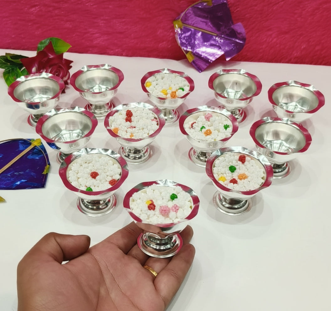 Silver-Plated Set of 12 Bowls with Stand – Elegant Serving for Sweets, Prasad & Pooja Rituals
