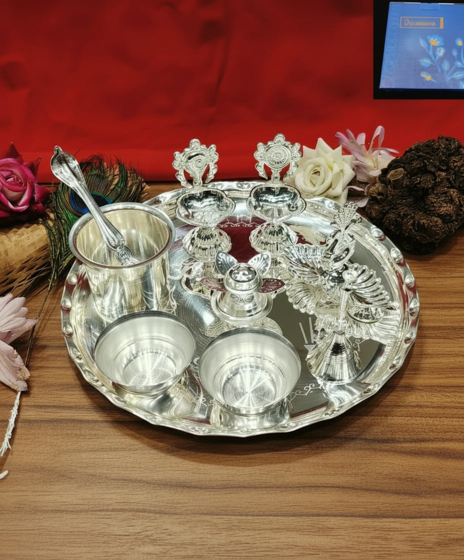 Silver-Plated 9-Piece Pooja Thali Set – Perfect for Housewarming & Traditional Rituals