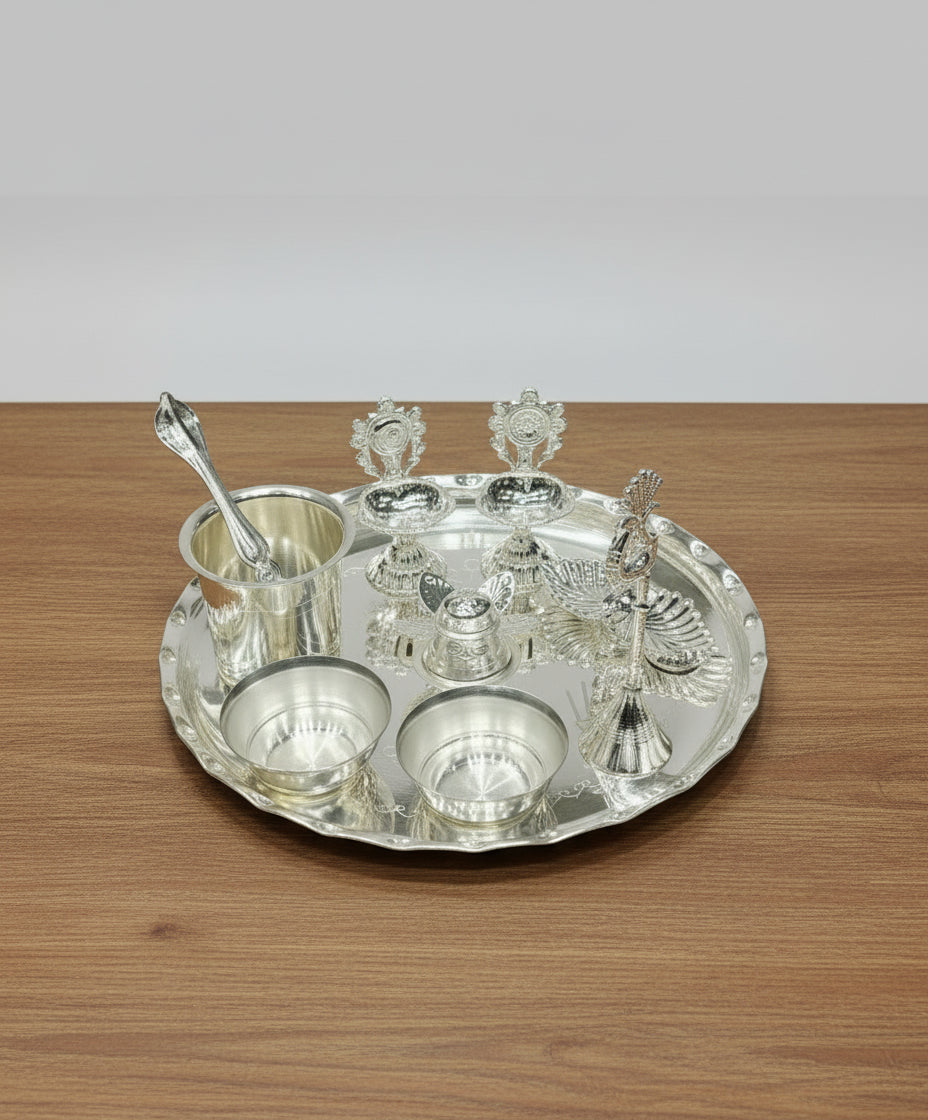 Silver-Plated 9-Piece Pooja Thali Set – Perfect for Housewarming & Traditional Rituals