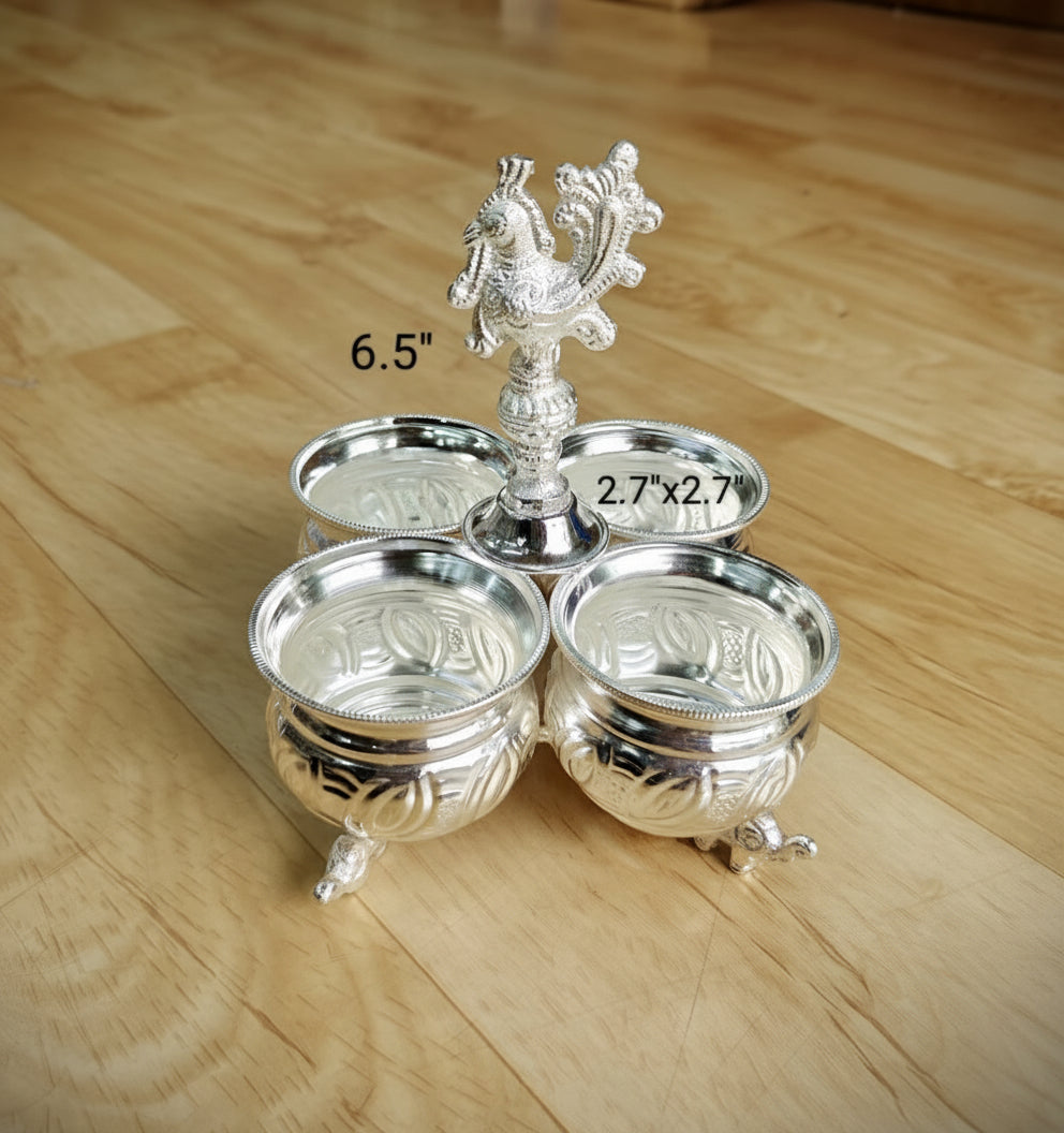 German Silver Kumkum Bowl / Panchpala Set – Traditional Housewarming Pooja Essentials