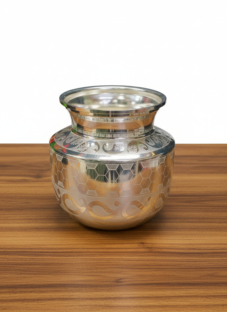 German Silver Laser Kalash – Elegant Housewarming Pooja Pot for Auspicious Rituals