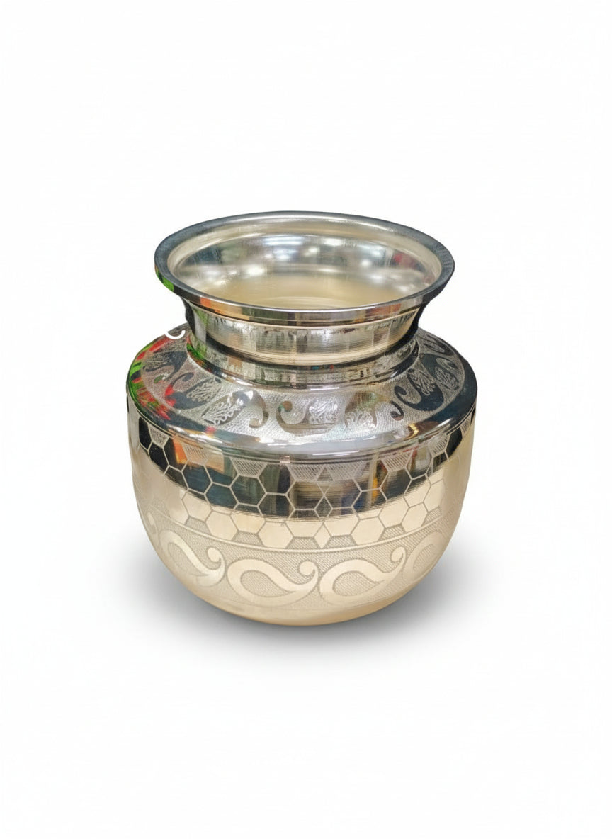German Silver Laser Kalash – Elegant Housewarming Pooja Pot for Auspicious Rituals