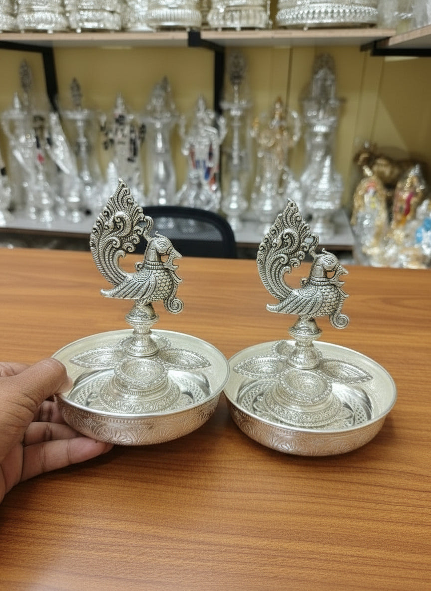 German Silver Plate with Peacock Diya Pair – 4-Piece Set for Housewarming & Pooja Rituals