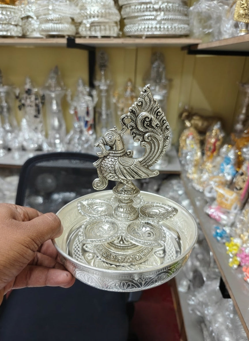 German Silver Plate with Peacock Diya Pair – 4-Piece Set for Housewarming & Pooja Rituals