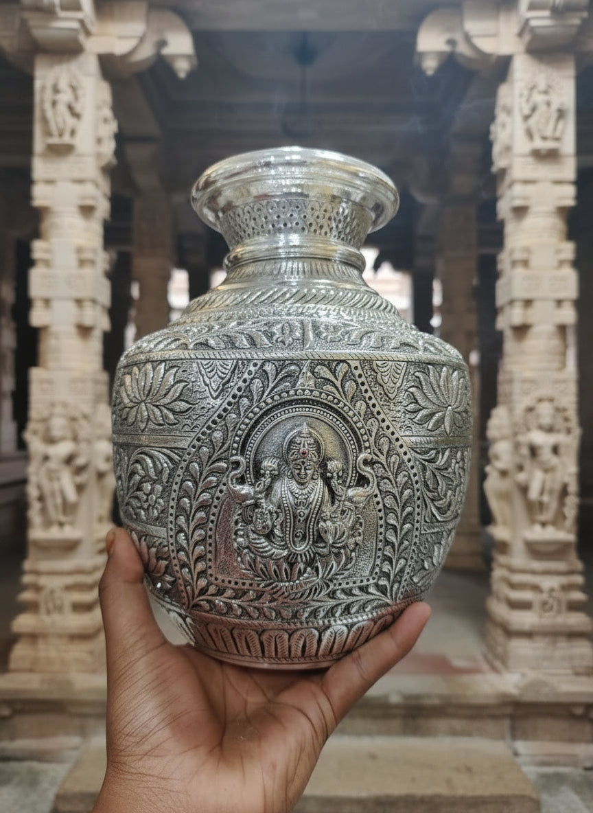 Pure Silver-Plated antique finish big size Lakshmi Gaja Kalash – Fully Carved Sacred Pot for Housewarming Pooja & Auspicious Rituals