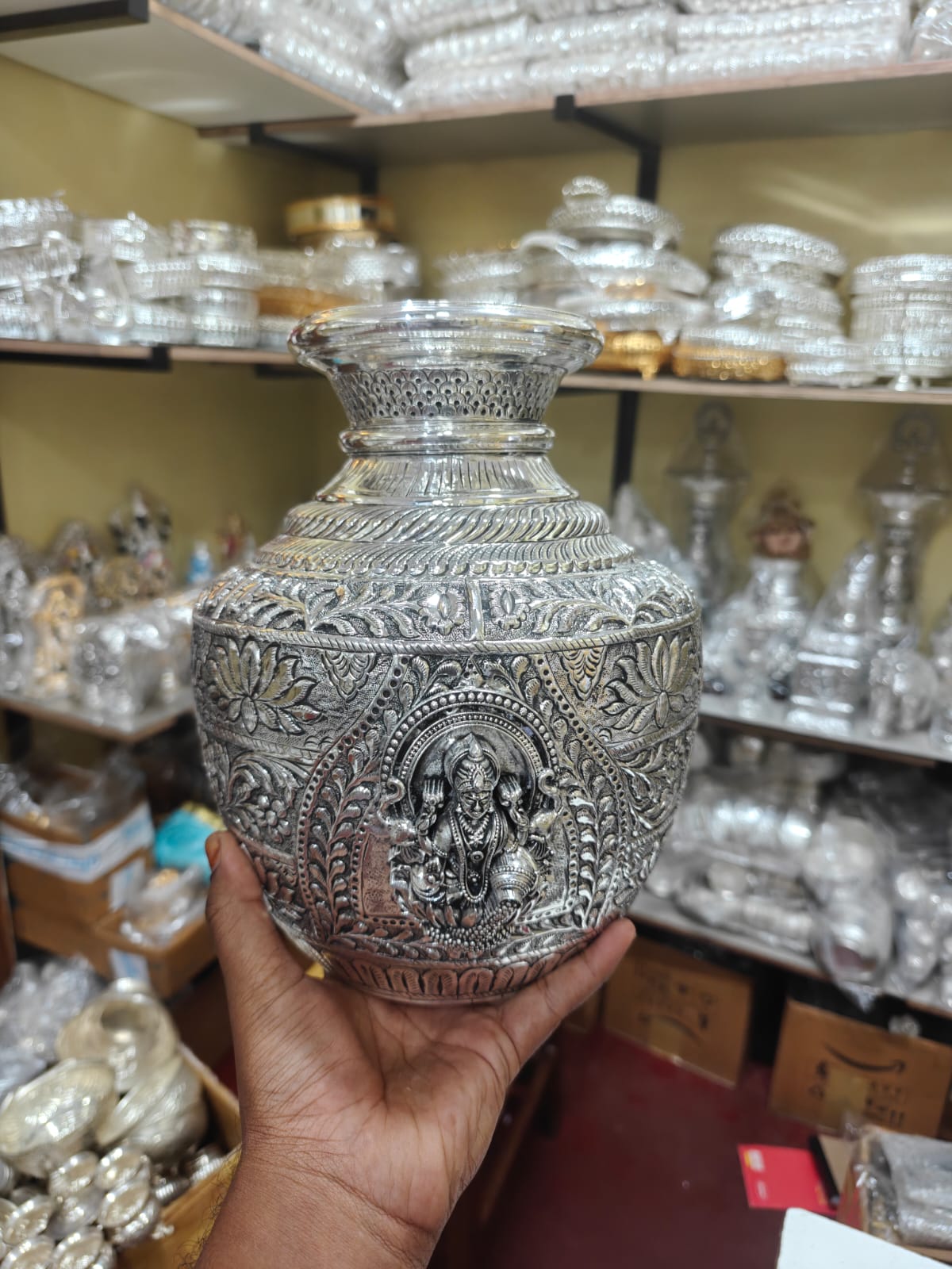 Pure Silver-Plated antique finish big size Lakshmi Gaja Kalash – Fully Carved Sacred Pot for Housewarming Pooja & Auspicious Rituals