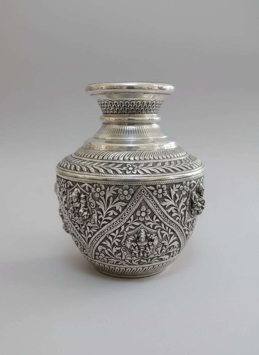 Pure Silver-Plated antique finish big size ashtha Lakshmi  Kalash – Fully Carved Sacred Pot for Housewarming Pooja & Auspicious Rituals