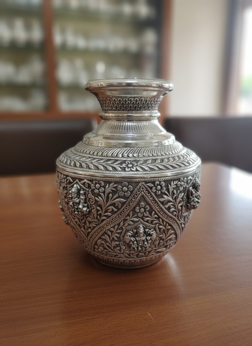 Pure Silver-Plated antique finish big size ashtha Lakshmi  Kalash – Fully Carved Sacred Pot for Housewarming Pooja & Auspicious Rituals