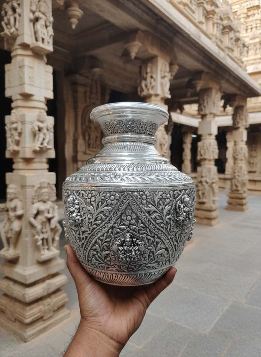 Pure Silver-Plated antique finish big size ashtha Lakshmi  Kalash – Fully Carved Sacred Pot for Housewarming Pooja & Auspicious Rituals