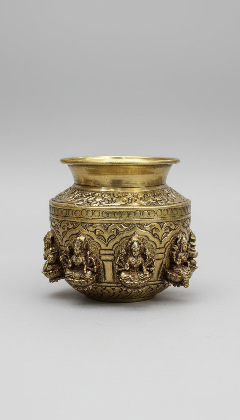 Brass Ashta Lakshmi Kalash – Fully Carved Sacred Pot for Pooja & Auspicious Rituals