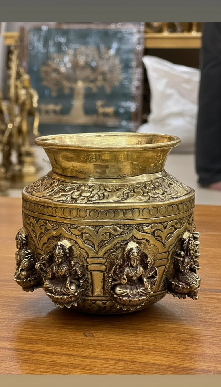 Brass Ashta Lakshmi Kalash – Fully Carved Sacred Pot for Pooja & Auspicious Rituals