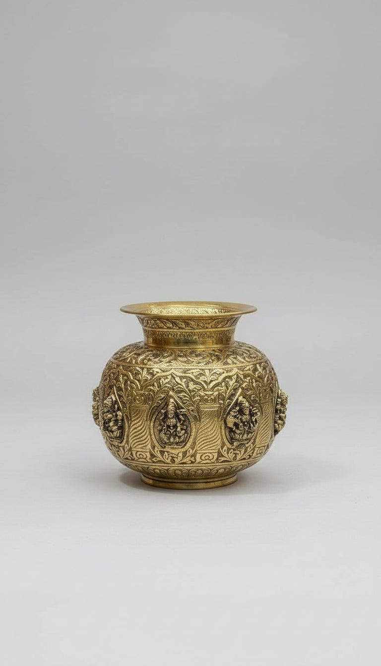 Brass round antique finish Ashta Lakshmi Kalash – Fully Carved Sacred Pot for Pooja & Auspicious Rituals