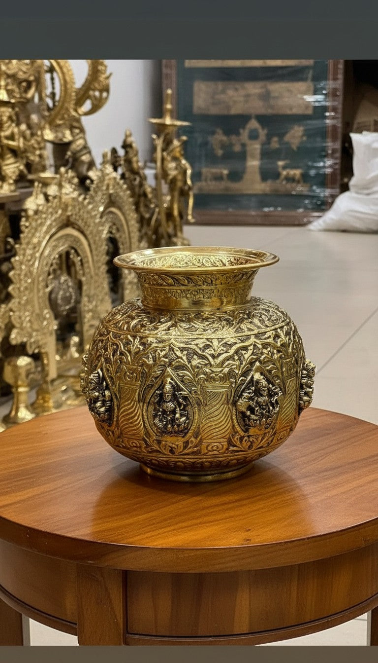 Brass round antique finish Ashta Lakshmi Kalash – Fully Carved Sacred Pot for Pooja & Auspicious Rituals