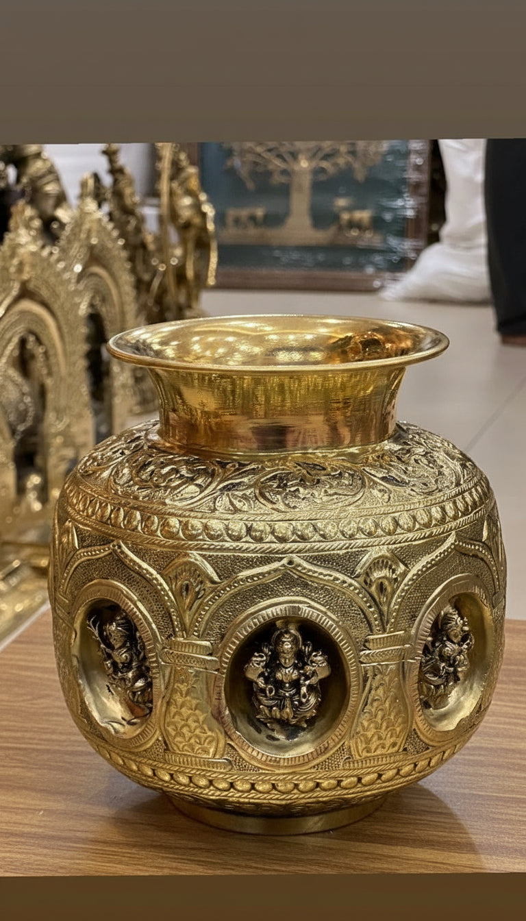 Brass round antique finish Ashta Lakshmi Kalash big size  – Fully Carved Sacred Pot for Pooja & Auspicious Rituals