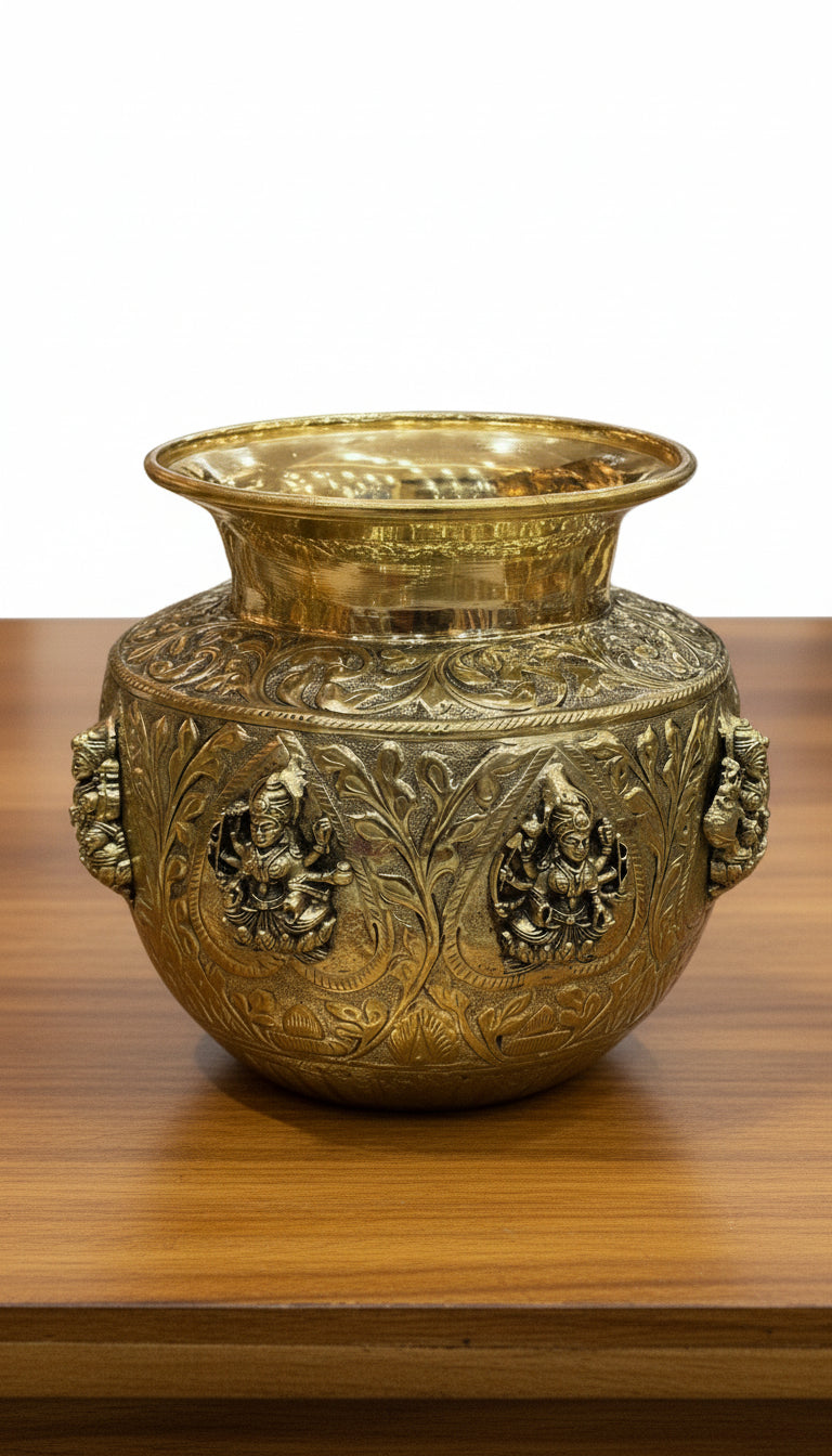 Brass antique finish Ashta Lakshmi Kalash  – Fully Carved Sacred Pot for Pooja & Auspicious Rituals