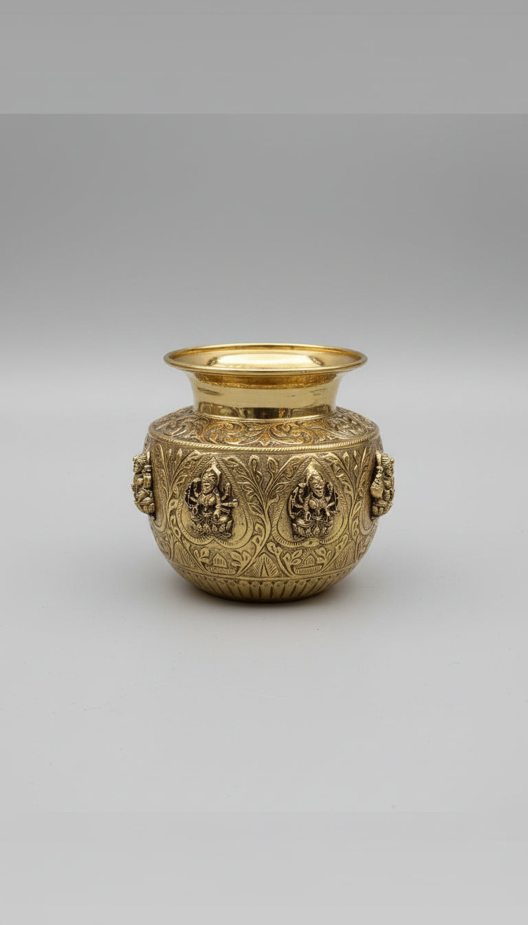 Brass antique finish Ashta Lakshmi Kalash  – Fully Carved Sacred Pot for Pooja & Auspicious Rituals