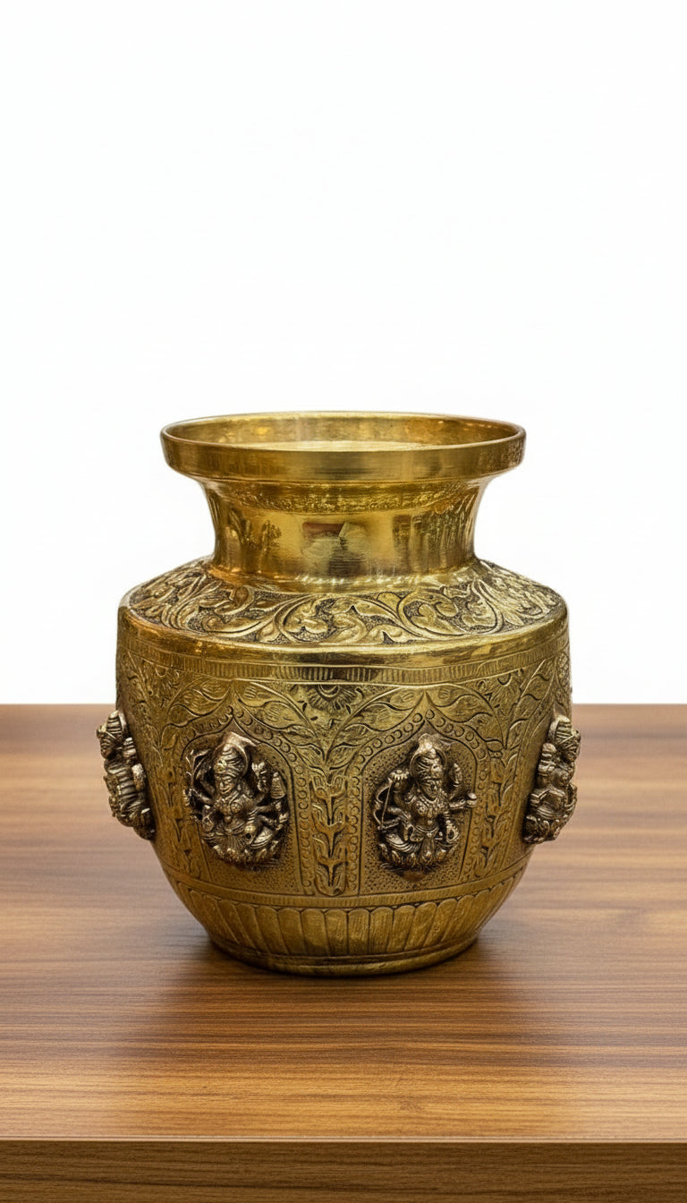 Brass antique finish Ashta Lakshmi Kalash  – Fully Carved Sacred Pot for Pooja & Auspicious Rituals