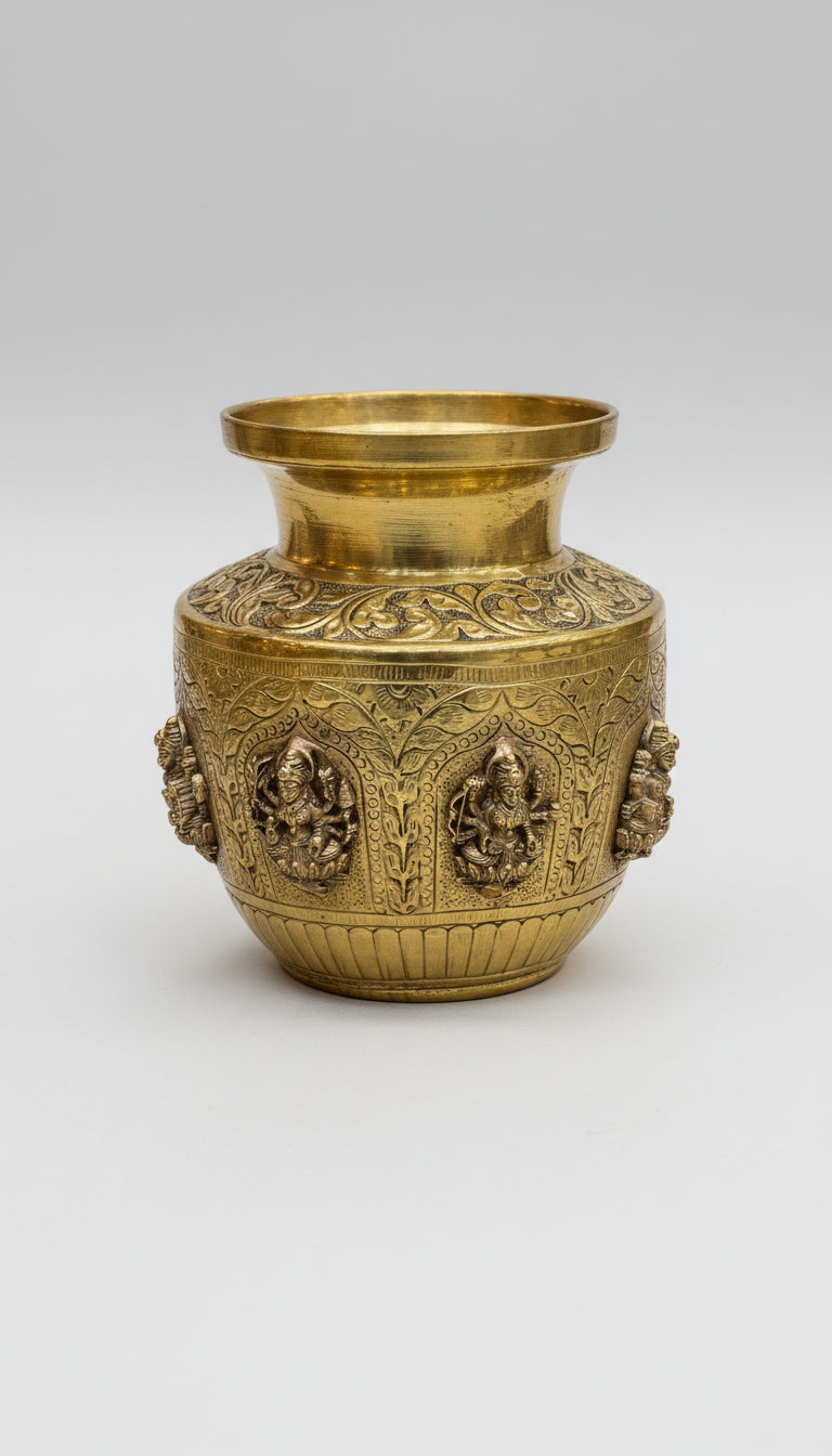 Brass antique finish Ashta Lakshmi Kalash  – Fully Carved Sacred Pot for Pooja & Auspicious Rituals