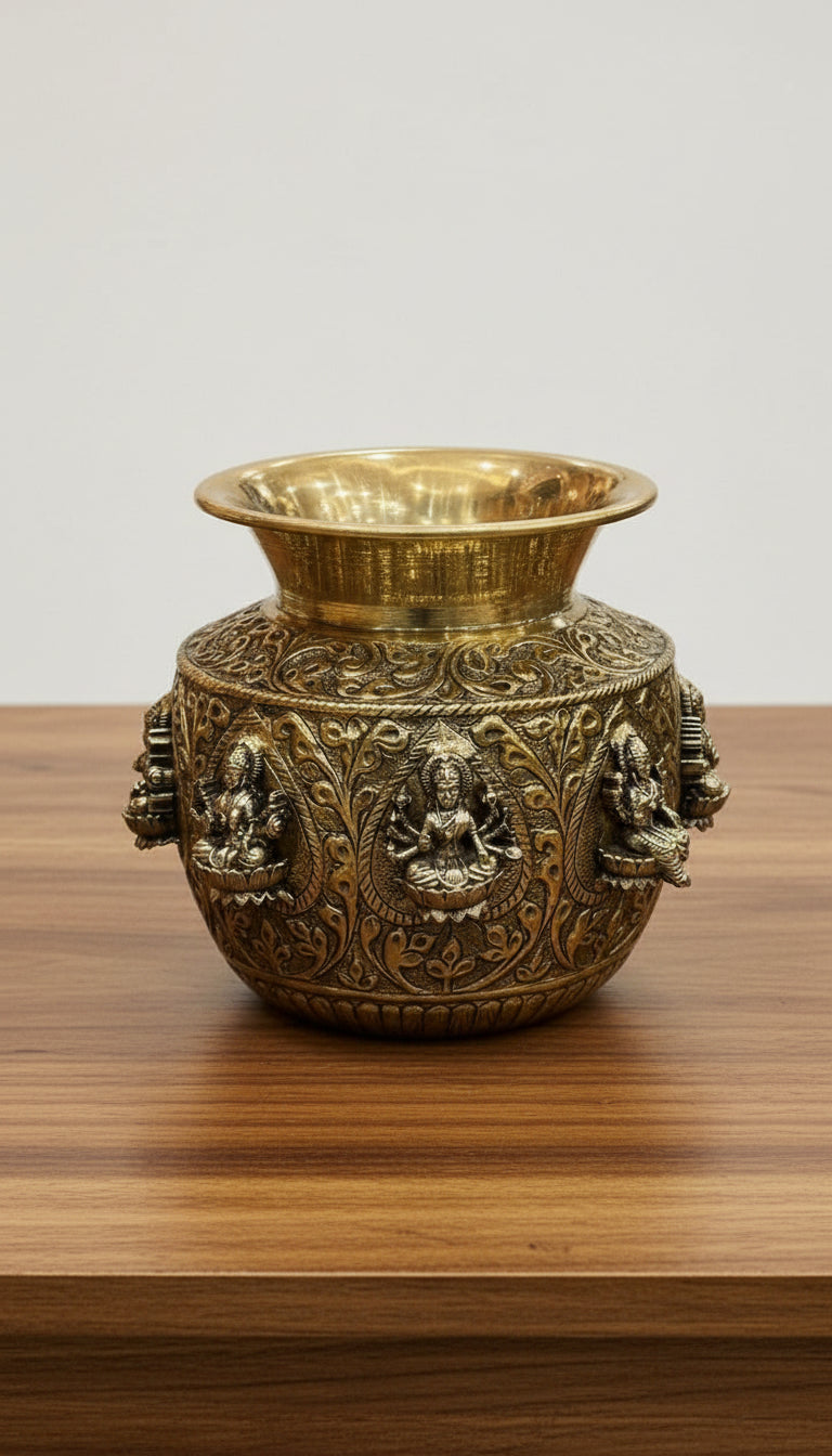 Brass antique finish Ashta Lakshmi Kalash  – Fully Carved Sacred Pot for Pooja & Auspicious Rituals
