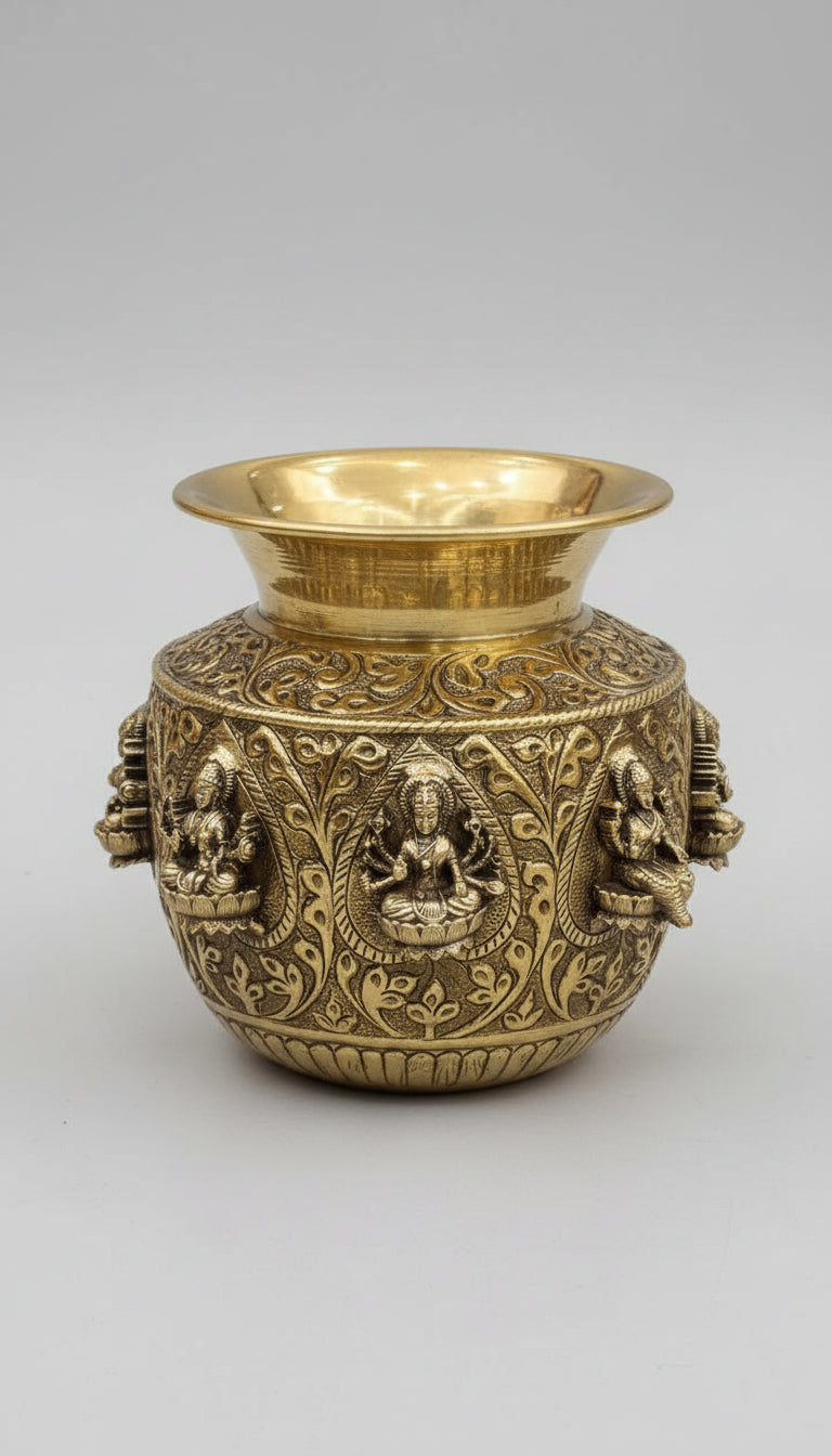 Brass antique finish Ashta Lakshmi Kalash  – Fully Carved Sacred Pot for Pooja & Auspicious Rituals