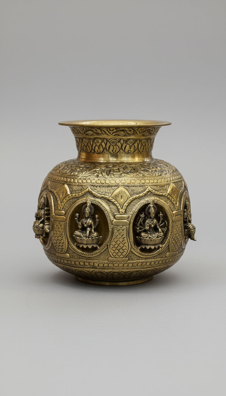 Brass round big size antique finish Ashta Lakshmi Kalash  – Fully Carved Sacred Pot for Pooja & Auspicious Rituals