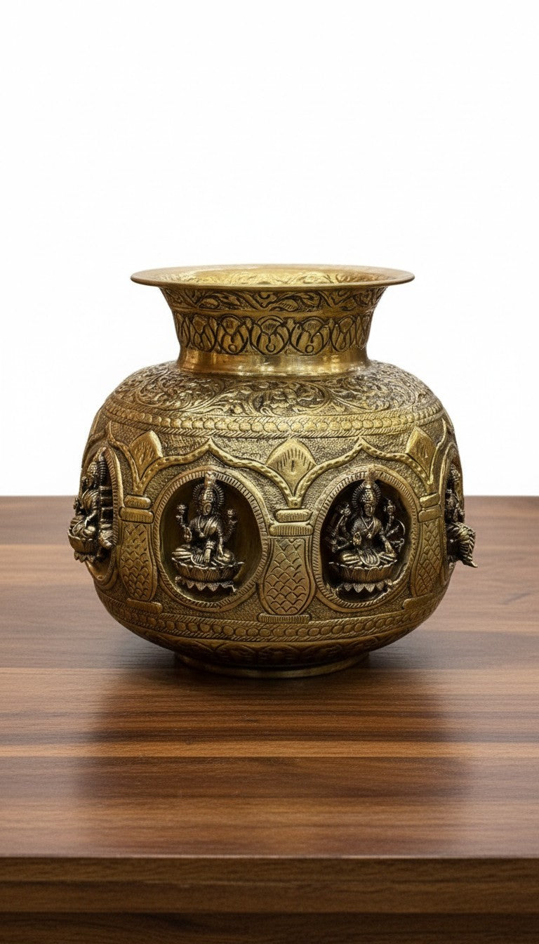 Brass round big size antique finish Ashta Lakshmi Kalash  – Fully Carved Sacred Pot for Pooja & Auspicious Rituals