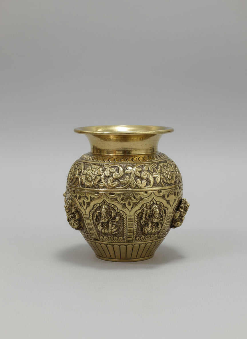 Brass antique finish Ashta Lakshmi Kalash  – Fully Carved Sacred Pot for Pooja